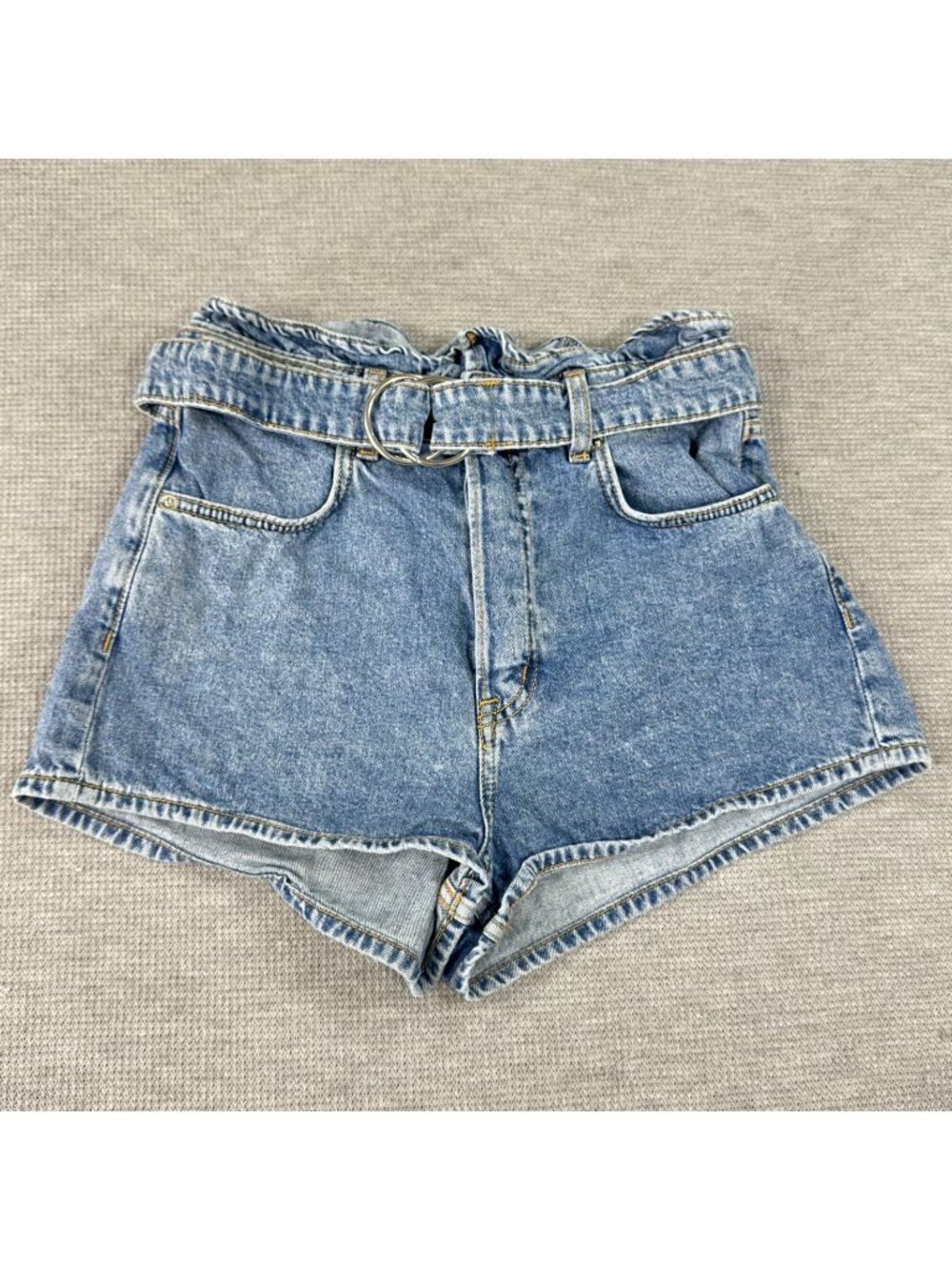 H&M Divided Denim Shorts Womens 4 Blue Paperbag High Rise Waist Belt Button Fly